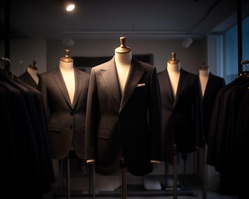 Blazer sartoriali esposti in un atelier elegante a Roma con tessuti scuri, luci morbide e dettagli di taglio impeccabile